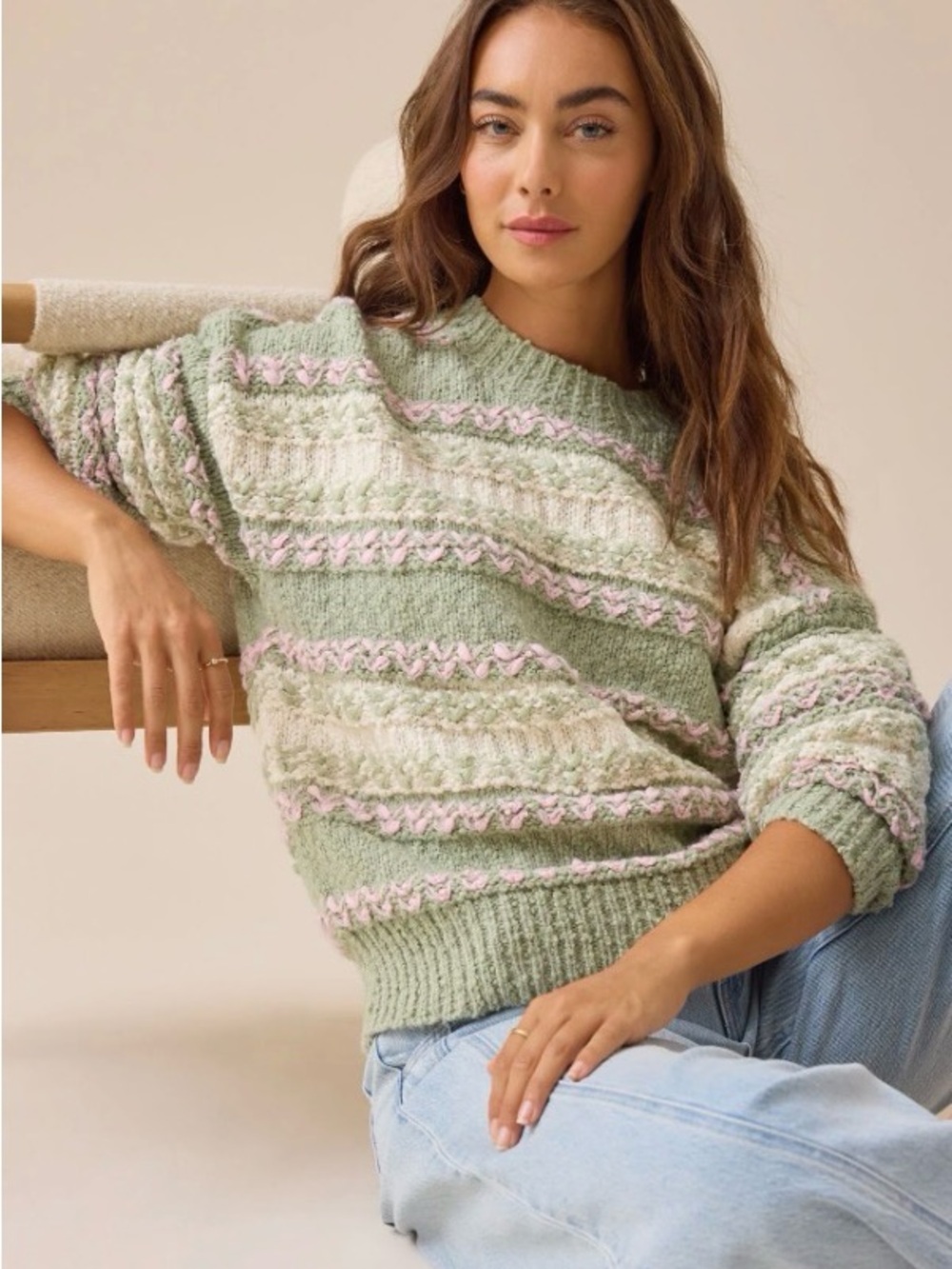 Altar'd State Women’s Katherine Textured Stripe Sweater in Green. Size Medium